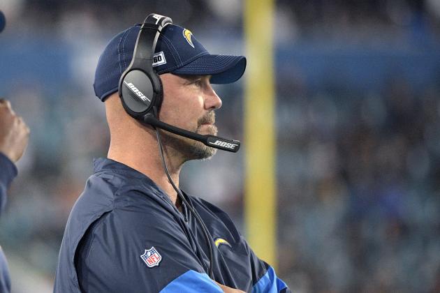 Los Angeles Chargers defensive coordinator Gus Bradley, right, and head coach Anthony Lynn, center, watch from the sideline during the second half of an NFL football game against the Jacksonville Jaguars Sunday, Dec. 8, 2019, in Jacksonville, Fla. (AP Photo/Phelan M. Ebenhack)