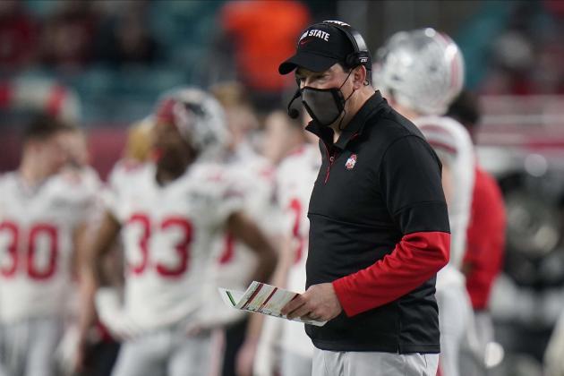 Ohio State head coach Ryan Day watches his team during the first half of an NCAA College Football Playoff national championship game against Alabama, Monday, Jan. 11, 2021, in Miami Gardens, Fla. (AP Photo/Chris O'Meara)