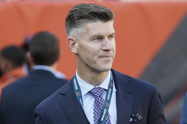 Chicago Bears general manager Ryan Pace walks the field before an NFL football game against the Green Bay Packers Thursday, Sept. 5, 2019, in Chicago. (AP Photo/Charles Rex Arbogast)