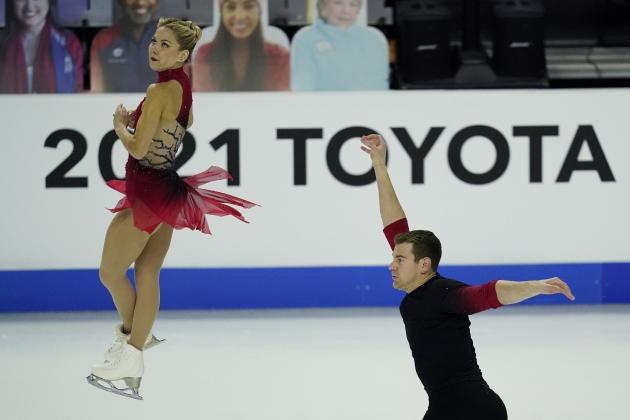 Alexa Knierim and Brandon Frazier perform during the pairs short program at the U.S. Figure Skating Championships, Thursday, Jan. 14, 2021, in Las Vegas. (AP Photo/John Locher)