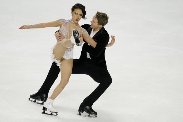 Madison Chock and Evan Bates perform during the rhythm dance program at the U.S. Figure Skating Championships, Friday, Jan. 15, 2021, in Las Vegas. (AP Photo/John Locher)