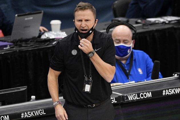 Washington Wizards head coach Scott Brooks reacts during the second half of an NBA basketball game against the Phoenix Suns, Monday, Jan. 11, 2021, in Washington. (AP Photo/Nick Wass)