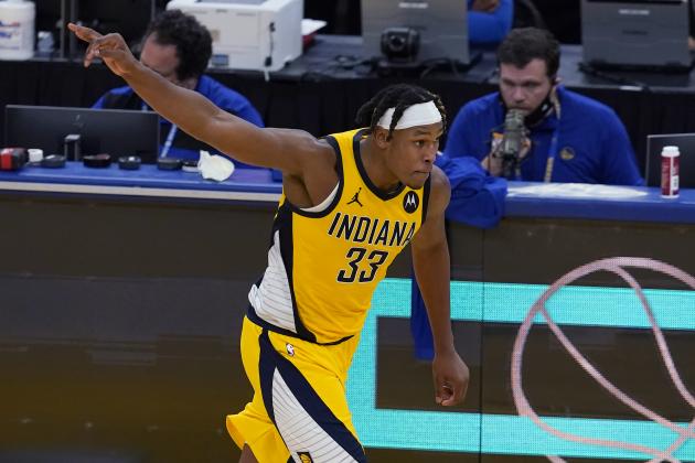 Indiana Pacers center Myles Turner celebrates after shooting a 3-point basket against the Golden State Warriors during the second half of an NBA basketball game in San Francisco, Tuesday, Jan. 12, 2021. (AP Photo/Jeff Chiu)