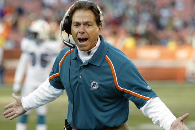 FILE - Miami Dolphins coach Nick Saban complains about a call in the fourth quarter of the Dolphins' 22-0 loss to the Cleveland Browns in Cleveland, in this Sunday, Nov. 20, 2005, file photo. Saban, who has won six national championships at Alabama, went 15-17 in two seasons with the Miami Dolphins. (AP Photo/Amy Sancetta, File)