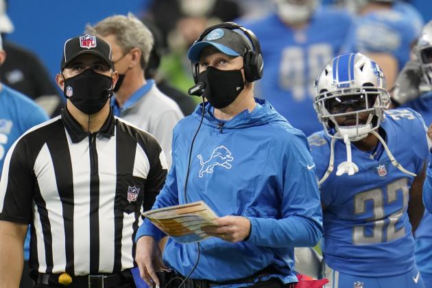 Detroit Lions interim head coach Darrell Bevell watches during the second half of an NFL football game against the Green Bay Packers, Sunday, Dec. 13, 2020, in Detroit. (AP Photo/Paul Sancya)
