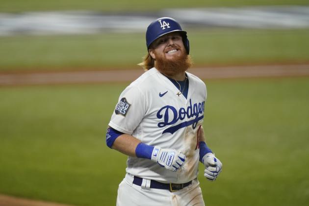 Los Angeles Dodgers third baseman Justin Turner after his fly out in the sixth inning against the Tampa Bay Rays in Game 6 Tuesday, Oct. 27, 2020, in Arlington, Texas.(AP Photo/Eric Gay)