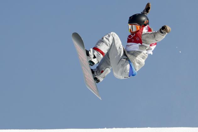 Jamie Anderson, of the United States, jumps during the women's Big Air snowboard final at the 2018 Winter Olympics in Pyeongchang, South Korea, Thursday, Feb. 22, 2018. (AP Photo/Matthias Schrader)