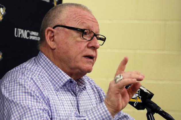 FILE - Pittsburgh Penguins general manager Jim Rutherford has his final meeting of the season with the media at the NHL hockey team's practice facility in Cranberry, Pa., in this Wednesday, May 9, 2018, file photo. Pittsburgh Penguins general manager Jim Rutherford, a Hall of Famer who helped lead to a pair of Stanley Cup titles, resigned abruptly on Wednesday, Jan. 27, 2021. (AP Photo/Gene J. Puskar, File)