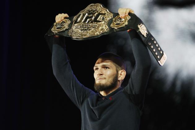 Khabib Nurmagomedov holds up a belt during a news conference for the UFC 229 mixed martial arts bouts Thursday, Oct. 4, 2018, in Las Vegas. Nurmagomedov is scheduled to fight Conor McGregor on Saturday in Las Vegas. (AP Photo/John Locher)