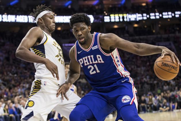 Philadelphia 76ers' Joel Embiid works against Indiana Pacers' Myles Turner, left, during the second half of an NBA basketball game, Friday, Nov. 3, 2017, in Philadelphia. The 76ers won 121-110. (AP Photo/Chris Szagola)