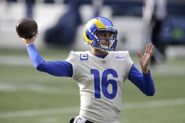 Los Angeles Rams quarterback Jared Goff warms-up before an NFL wild-card playoff football game against the Seattle Seahawks, Saturday, Jan. 9, 2021, in Seattle. (AP Photo/Scott Eklund)