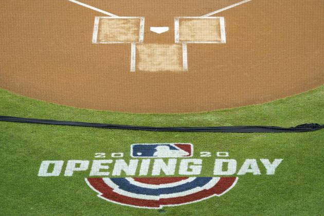 Opening Day logo painted on the field with the black ribbon in support of the Black Lives Matter movement prior to a baseball game between the Miami Marlins and the Philadelphia Phillies, Friday, July 24, 2020, in Philadelphia. The Marlins won 5-2. (AP Photo/Chris Szagola)
