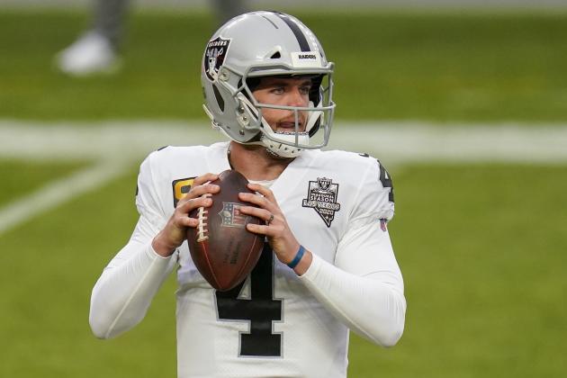 Las Vegas Raiders quarterback Derek Carr (4) drops back to pass against the Denver Broncos during an NFL football game, Sunday, Jan. 3, 2021, in Denver. (AP Photo/Jack Dempsey)