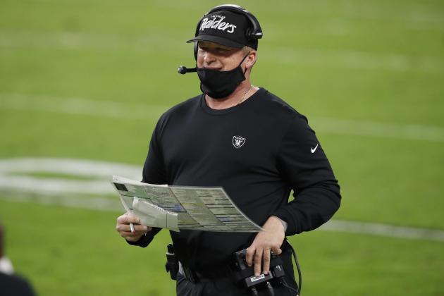 Las Vegas Raiders head coach Jon Gruden stands on the sidelines during the second half of an NFL football game against the Miami Dolphins, Saturday, Dec. 26, 2020, in Las Vegas. (AP Photo/Steve Marcus)