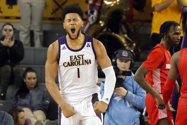 East Carolina's Jayden Gardner (1) reacts following a basket and being fouled during the second half of an NCAA college basketball game against Houston in Greenville, N.C., Wednesday, Jan. 29, 2020. (AP Photo/Karl B DeBlaker)