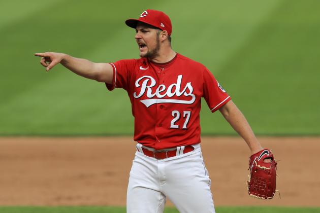 Cincinnati Reds' Trevor Bauer reacts to umpire Tim Timmons for a call on his pitch in the seventh inning during a baseball game against the Pittsburgh Pirates in Cincinnati, Monday, Sept. 14, 2020. The call would result in a strikeout. (AP Photo/Aaron Doster)