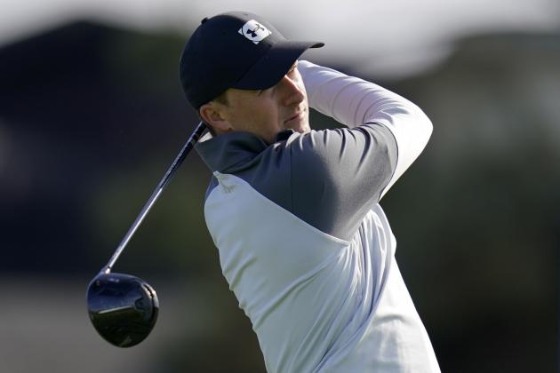 Jordan Spieth hits off the first tee of the South Course during the second round of the Farmers Insurance Open golf tournament at Torrey Pines, Friday, Jan. 29, 2021, in San Diego. (AP Photo/Gregory Bull)
