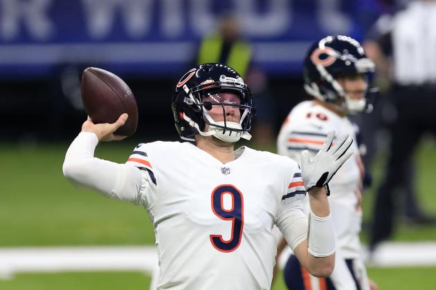 Chicago Bears quarterback Nick Foles (9) warms up before an NFL wild-card playoff football game against the New Orleans Saints in New Orleans, Sunday, Jan. 10, 2021. (AP Photo/Brett Duke)