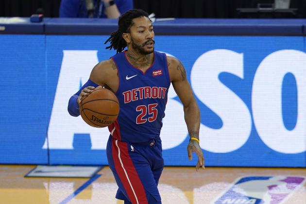 Detroit Pistons guard Derrick Rose (25) against the Golden State Warriors during an NBA basketball game in San Francisco, Saturday, Jan. 30, 2021. (AP Photo/Jeff Chiu)