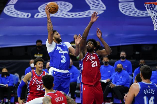 Los Angeles Lakers' Anthony Davis (3) goes up for a shot against Philadelphia 76ers' Joel Embiid (21) during the first half of an NBA basketball game, Wednesday, Jan. 27, 2021, in Philadelphia. (AP Photo/Matt Slocum) Los Angeles Lakers' Anthony Davis (3) goes up for a shot against Philadelphia 76ers' Joel Embiid (21) during the first half of an NBA basketball game, Wednesday, Jan. 27, 2021, in Philadelphia. (AP Photo/Matt Slocum)