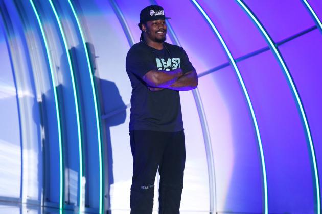 Marshawn Lynch accepts the award for biggest powerhouse during the 2015 Kids' Choice Sports Awards show at Pauley Pavilion on Thursday, July 16, 2015, in Los Angeles. (Photo by Paul A. Hebert/Invision/AP)