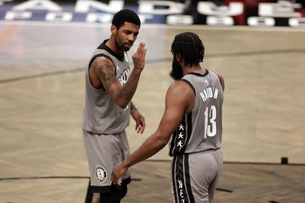 Brooklyn Nets guard Kyrie Irving (11) high fives guard James Harden (13) during the second half of an NBA basketball game against the Miami Heat, Monday, Jan. 25, 2021, in New York. (AP Photo/Adam Hunger) Brooklyn Nets guard Kyrie Irving (11) high fives guard James Harden (13) during the second half of an NBA basketball game against the Miami Heat, Monday, Jan. 25, 2021, in New York. (AP Photo/Adam Hunger)