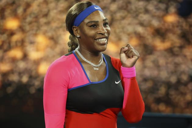 United States' Serena Williams celebrates after defeating Romania's Simona Halep during their quarterfinal match at the Australian Open tennis championship in Melbourne, Australia, Tuesday, Feb. 16, 2021.(AP Photo/Hamish Blair)
