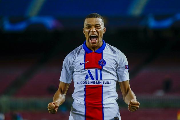 PSG's Kylian Mbappe celebrates after scoring his side's second goal during the Champions League round of 16, first leg soccer match between FC Barcelona and Paris Saint-Germain at the Camp Nou stadium in Barcelona, Spain, Tuesday, Feb. 16, 2021. (AP Photo/Joan Monfort) PSG's Kylian Mbappe celebrates after scoring his side's second goal during the Champions League round of 16, first leg soccer match between FC Barcelona and Paris Saint-Germain at the Camp Nou stadium in Barcelona, Spain, Tuesday, Feb. 16, 2021. (AP Photo/Joan Monfort)