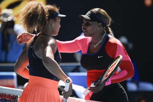 Japan's Naomi Osaka, left, is congratulated by United States' Serena Williams after winning their semifinal match at the Australian Open tennis championship in Melbourne, Australia, Thursday, Feb. 18, 2021.(AP Photo/Andy Brownbill)