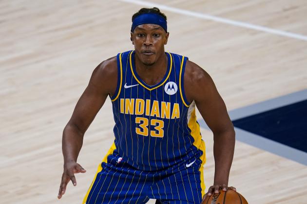 Indiana Pacers center Myles Turner (33) plays against the Chicago Bulls during the second half of an NBA basketball game in Indianapolis, Monday, Feb. 15, 2021. (AP Photo/Michael Conroy)
