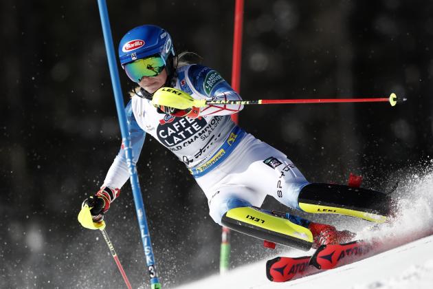 United States' Mikaela Shiffrin competes during a women's slalom, at the alpine ski World Championships in Cortina d'Ampezzo, Italy, Saturday, Feb. 20, 2021. (AP Photo/Gabriele Facciotti)