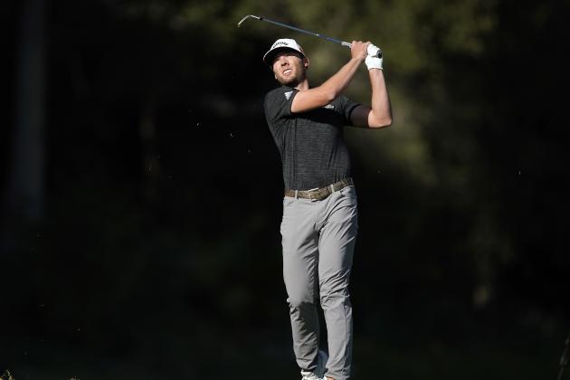 Sam Burns watches his second shot on the fifth hole during the third round of the Genesis Invitational golf tournament at Riviera Country Club, Saturday, Feb. 20, 2021, in the Pacific Palisades area of Los Angeles. (AP Photo/Ryan Kang)