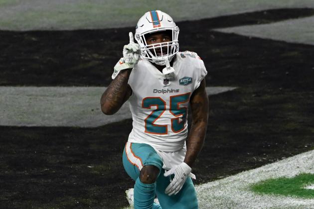 Miami Dolphins cornerback Xavien Howard (25) reacts after preventing a Las Vegas Raiders touchdown during an NFL football game, Sunday, Dec. 26, 2020, in Las Vegas. (AP Photo/David Becker)