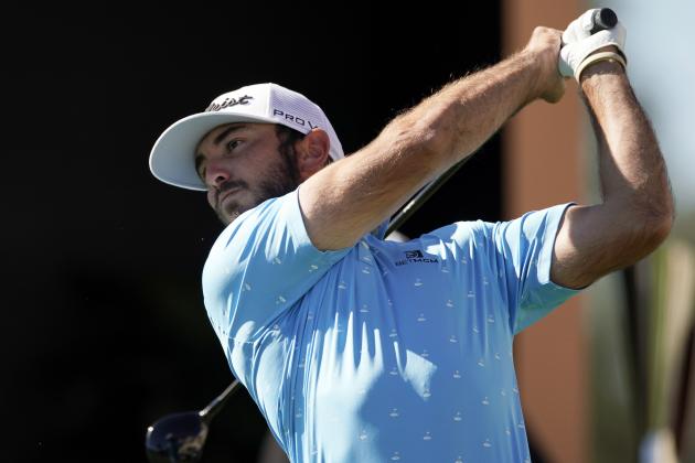 Max Homa tees off on the first hole during the final round of the Genesis Invitational golf tournament at Riviera Country Club, Sunday, Feb. 21, 2021, in the Pacific Palisades area of Los Angeles. (AP Photo/Ryan Kang)