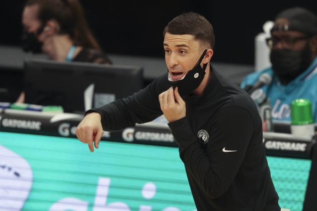 Minnesota Timberwolves coach Ryan Saunders directs his team against the Charlotte Hornets during the second half of an NBA basketball game in Charlotte, N.C., Friday, Feb. 12, 2021. (AP Photo/Nell Redmond) Minnesota Timberwolves coach Ryan Saunders directs his team against the Charlotte Hornets during the second half of an NBA basketball game in Charlotte, N.C., Friday, Feb. 12, 2021. (AP Photo/Nell Redmond)