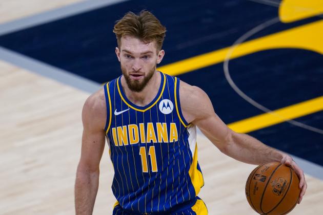 Indiana Pacers forward Domantas Sabonis (11) plays against the Chicago Bulls during the second half of an NBA basketball game in Indianapolis, Monday, Feb. 15, 2021. (AP Photo/Michael Conroy)