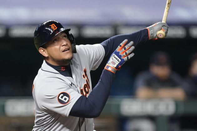 Detroit Tigers' Miguel Cabrera bats during the eighth inning of a baseball game against the Kansas City Royals Thursday, Sept. 24, 2020, in Kansas City, Mo. (AP Photo/Charlie Riedel)