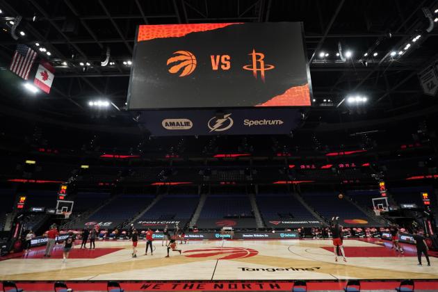 Some members of the Toronto Raptors and Houston Rockets take part in a shoot around before an NBA basketball game Friday, Feb. 26, 2021, in Tampa, Fla. Five members of the Raptors' coaching staff, including head coach Nick Nurse, are missing the game due to coronavirus protocols. (AP Photo/Chris O'Meara) Some members of the Toronto Raptors and Houston Rockets take part in a shoot around before an NBA basketball game Friday, Feb. 26, 2021, in Tampa, Fla. Five members of the Raptors' coaching staff, including head coach Nick Nurse, are missing the game due to coronavirus protocols. (AP Photo/Chris O'Meara)