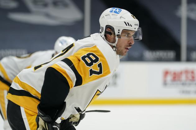 Pittsburgh Penguins center Sidney Crosby (87) during the second period of an NHL hockey game, Sunday, Feb. 28, 2021, in Uniondale, N.Y. (AP Photo/Kathy Willens)