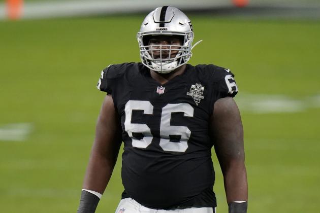 Las Vegas Raiders guard Gabe Jackson #66 prepares to line up against the Los Angeles Chargers during the first quarter in an NFL football game, Sunday, Dec. 13, 2020, in Las Vegas. (AP Photo/Jeff Bottari)