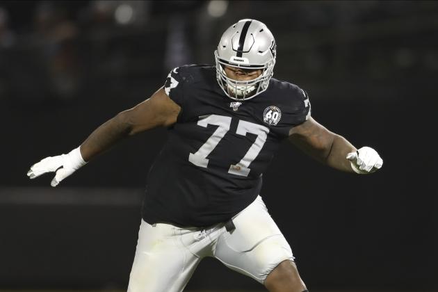 Oakland Raiders offensive tackle Trent Brown (77) protects a gap in the offensive line during an NFL football game, Monday, Sept. 9, 2019, in Oakland, Calif. (AP Photo/Peter Joneleit)
