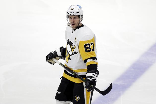 Pittsburgh Penguins center Sidney Crosby (87)reacts during a break in action against the New York Islanders during the second period of an NHL hockey game, Saturday, Feb. 27, 2021, in Uniondale, N.Y. (AP Photo/Adam Hunger)