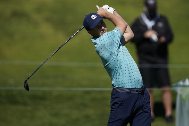 Jordan Spieth tees off on the 10th hole during the final round of the Genesis Invitational golf tournament at Riviera Country Club, Sunday, Feb. 21, 2021, in the Pacific Palisades area of Los Angeles. (AP Photo/Ryan Kang)