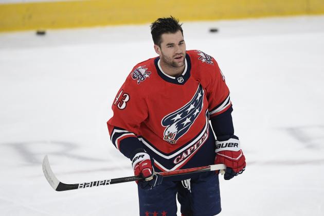 Washington Capitals right wing Tom Wilson (43) warms up before an NHL hockey game against the Pittsburgh Penguins, Tuesday, Feb. 23, 2021, in Washington. (AP Photo/Nick Wass)