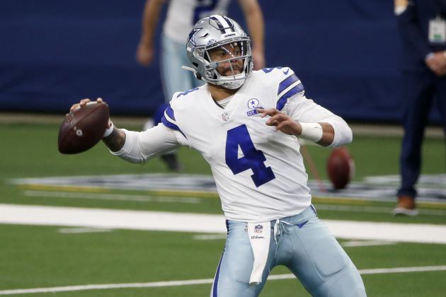 Dallas Cowboys quarterback Dak Prescott (4) throws against the Cleveland Browns during an NFL Football game in Arlington, Texas, Sunday, Oct. 4, 2020. (AP Photo/Michael Ainsworth) Dallas Cowboys quarterback Dak Prescott (4) throws against the Cleveland Browns during an NFL Football game in Arlington, Texas, Sunday, Oct. 4, 2020. (AP Photo/Michael Ainsworth)