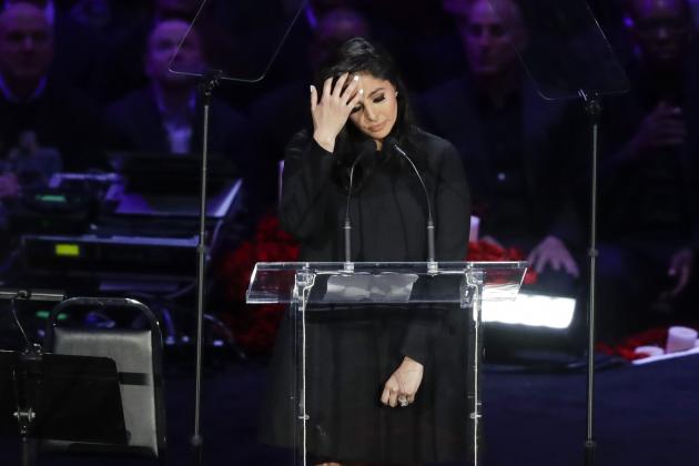 Vanessa Bryant speaks during a celebration of life for her husband Kobe Bryant and daughter Gianna Monday, Feb. 24, 2020, in Los Angeles. (AP Photo/Marcio Jose Sanchez)
