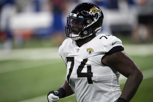 Jacksonville Jaguars offensive lineman Cam Robinson (74) runs off the field during an NFL football game against the Indianapolis Colts on Sunday, Jan. 3, 2021, in Indianapolis. (AP Photo/Zach Bolinger)