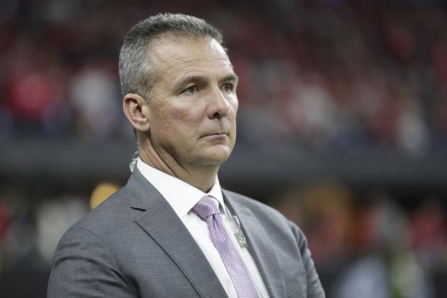 Former Ohio State head coach Urban Meyer watches during the second half of the Big Ten championship NCAA college football game between Ohio State and Wisconsin, Saturday, Dec. 7, 2019, in Indianapolis. (AP Photo/Michael Conroy)