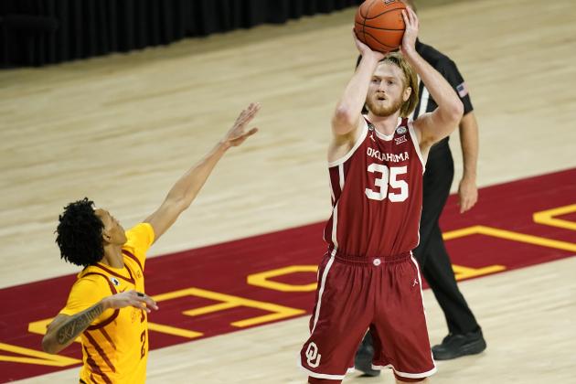 Oklahoma forward Brady Manek (35) shoots during the first half of an NCAA college basketball game against Iowa State, Saturday, Feb. 20, 2021, in Ames, Iowa. (AP Photo/Charlie Neibergall)