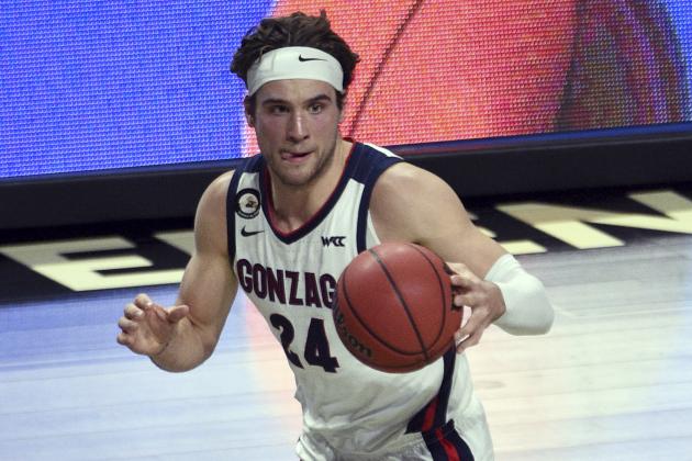 Gonzaga forward Corey Kispert (24) carries the ball against Saint Mary's during the first half of an NCAA semifinal college basketball game at the West Coast Conference tournament Monday, March 8, 2021, in Las Vegas. (AP Photo/David Becker) Gonzaga forward Corey Kispert (24) carries the ball against Saint Mary's during the first half of an NCAA semifinal college basketball game at the West Coast Conference tournament Monday, March 8, 2021, in Las Vegas. (AP Photo/David Becker)